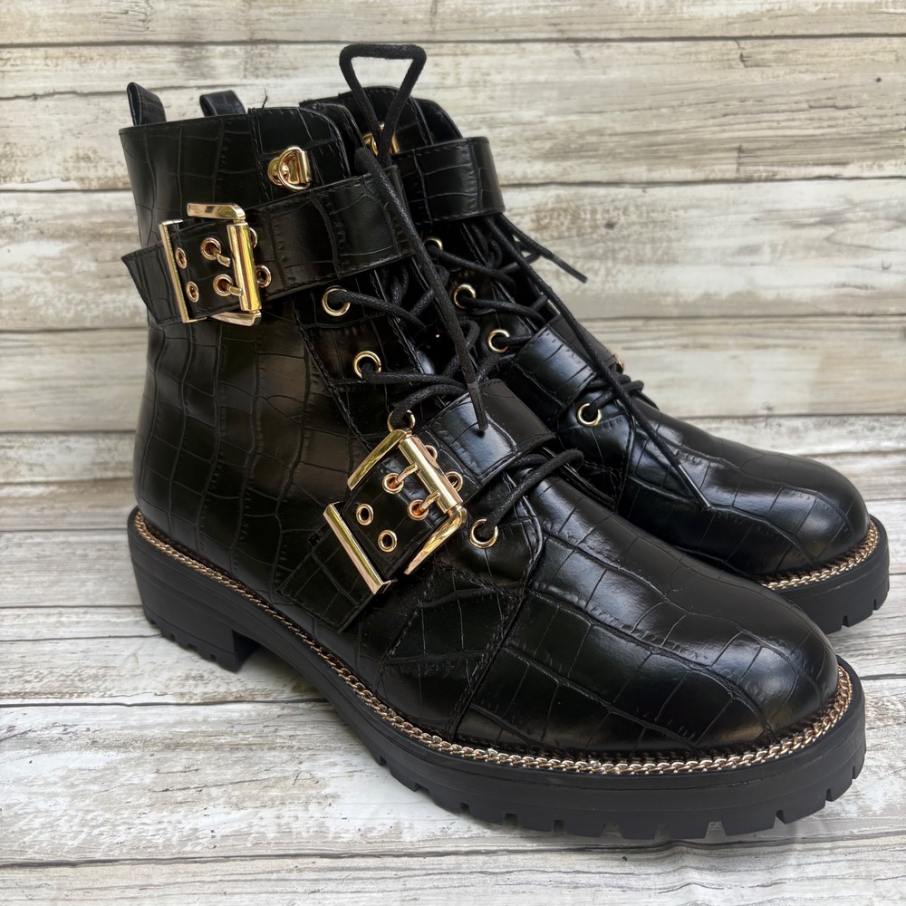 ASOS DESIGN Aubrey Combat Boots 8 Black Croc Embossed Gold Buckle Lug Sole Punk